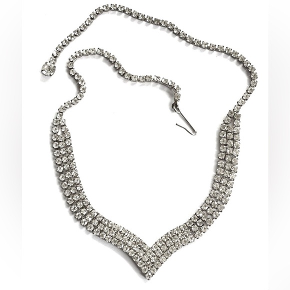 Jewelry - Art Deco Rhinestone Chevron,Rhinestone Bib Necklace,  Mid Century Jewelry